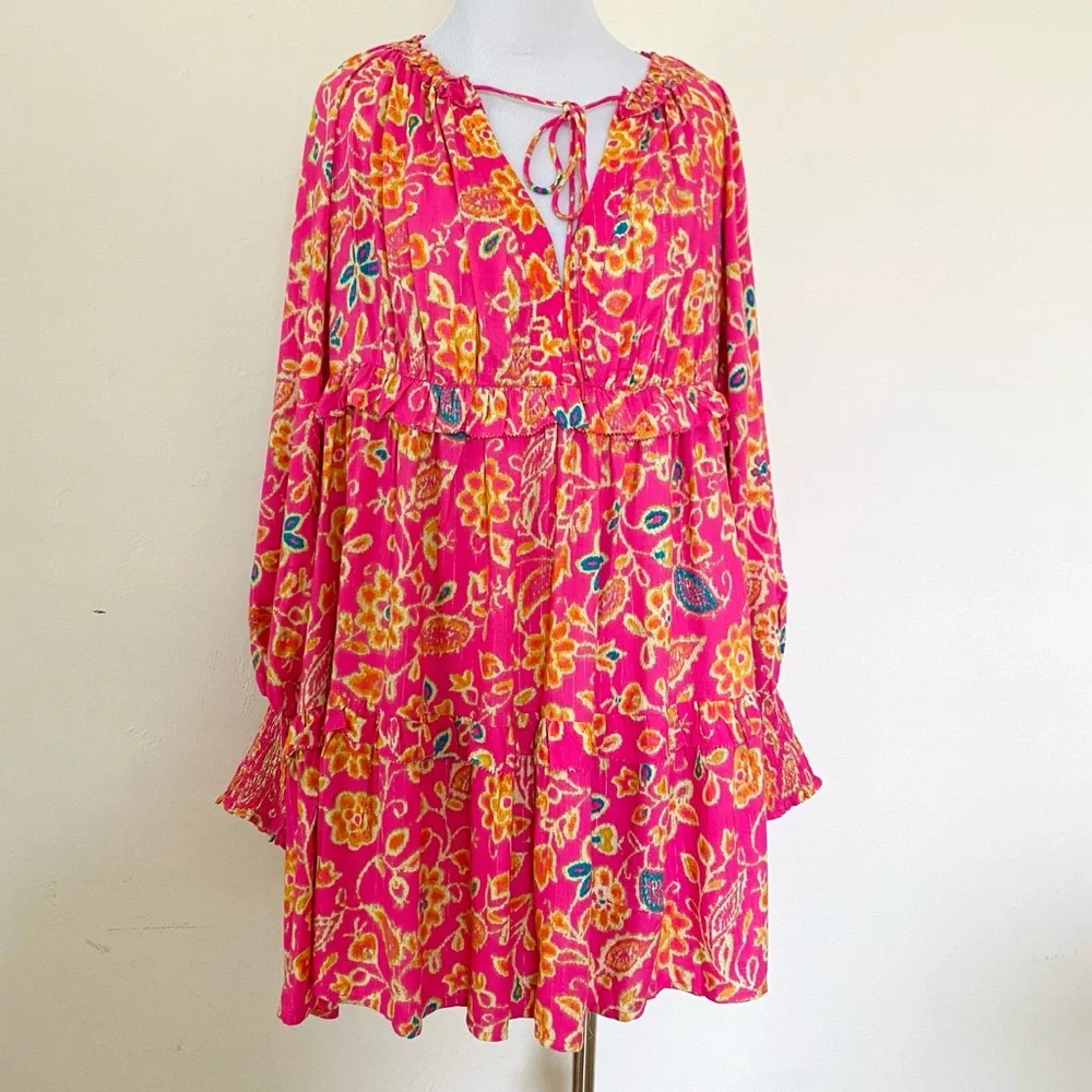 HOUSE OF HARLOW 1960 Dress Pink Floral Mini Balloon Sleeves Small Boho Chic - Picture 10 of 14